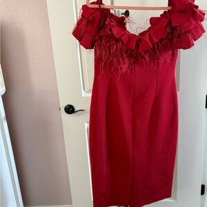 Chiara Boni Red Feathered Midi Dress